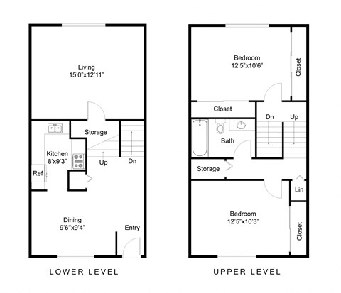 Floor plan for 2 beds, 1 bath, 994 sqft